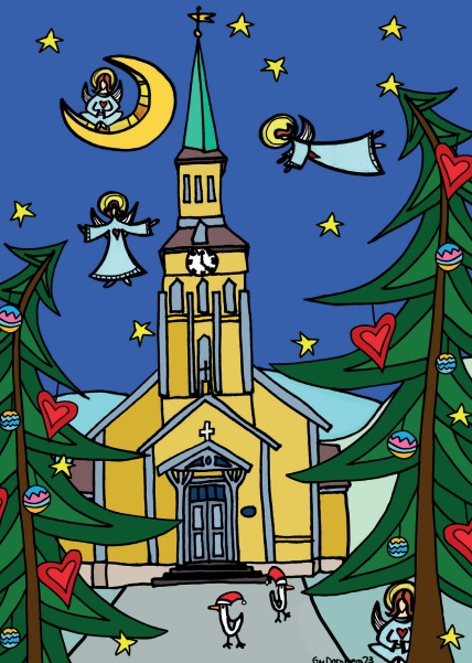 Illustrasjon av Tromsø domkirke i friske farger og med trær og engler